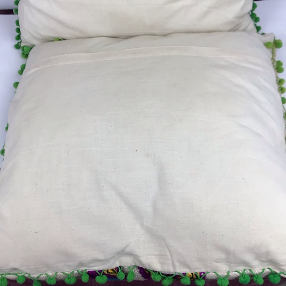 Tropical bright embroidered seahorse pillow covers/burlap with Pom fring-2pc set - Picture 5 of 16